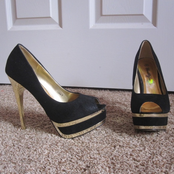Herstyle Shoes - Black and Gold Open Toe Pumps / Heels